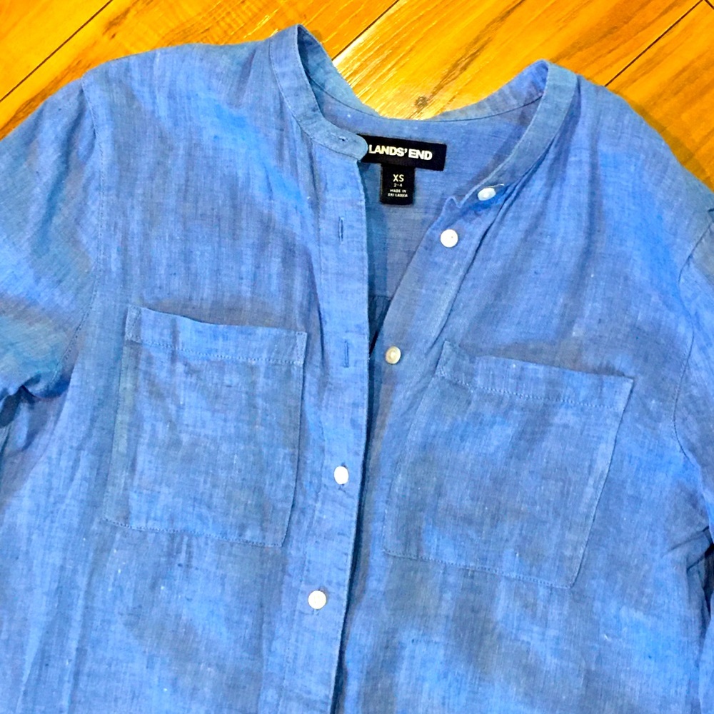 Lands End blue linen button up down blouse coastal beach cottage core small